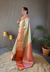 Wonderful Cream Color Contrast Weaving Pallu Silk Saree