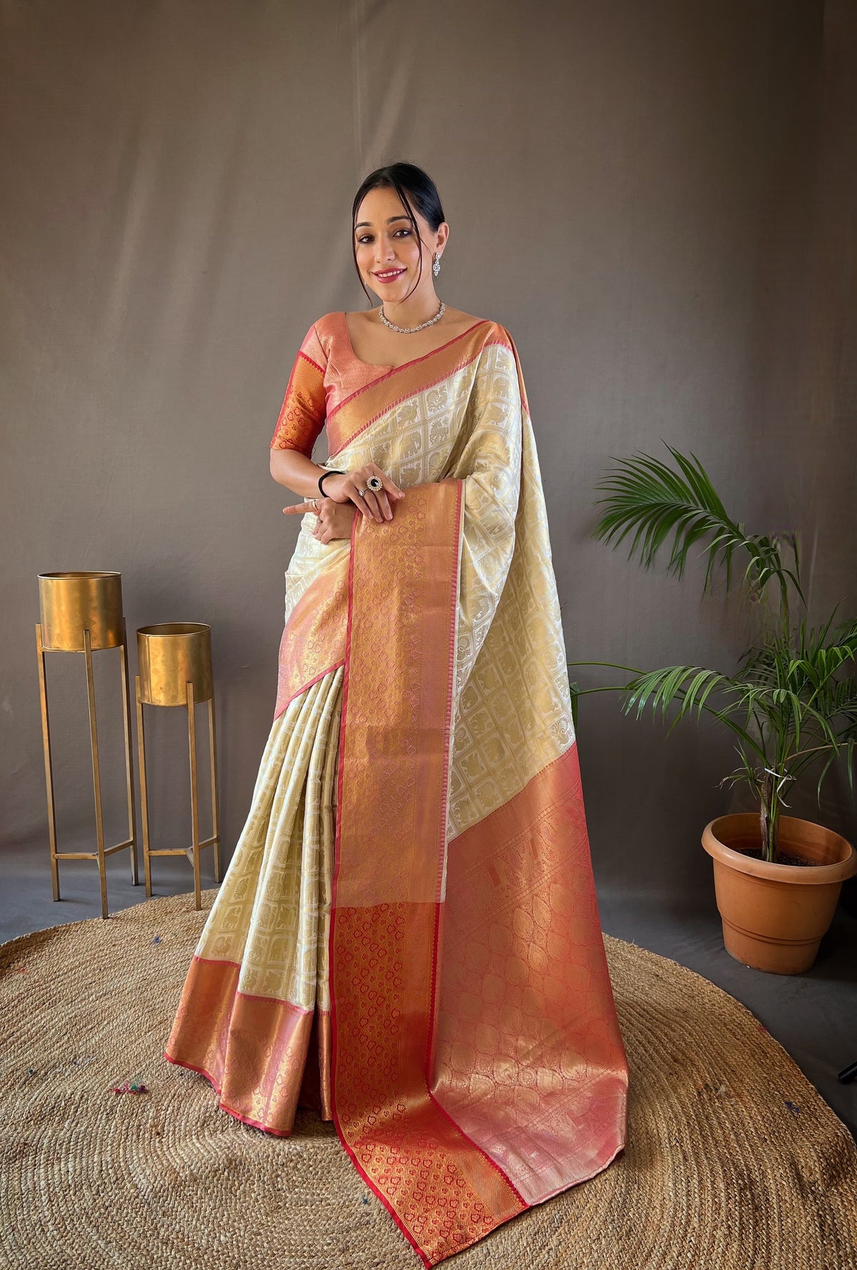 Wonderful Cream Color Contrast Weaving Pallu Silk Saree