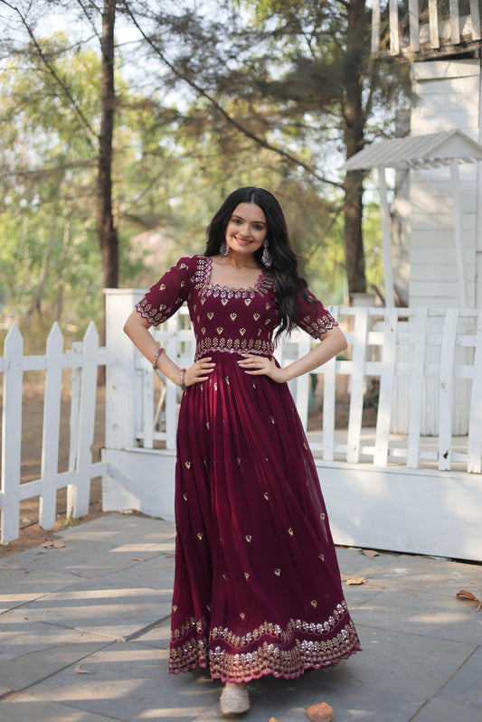 Gorgeous Square Neck Zari Sequence Maroon Color Gown