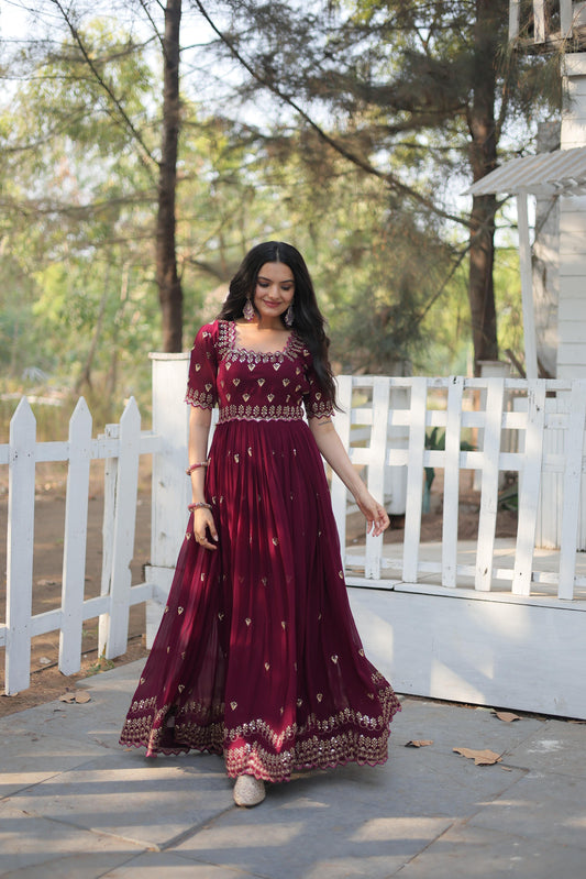 Gorgeous Square Neck Zari Sequence Maroon Color Gown