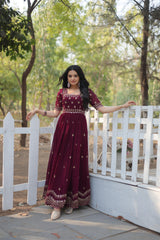 Gorgeous Square Neck Zari Sequence Maroon Color Gown