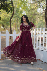 Gorgeous Square Neck Zari Sequence Maroon Color Gown