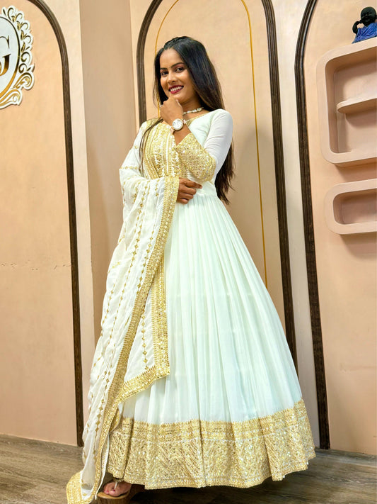 Gorgeous Georgette Sequence Work Long White Gown WIth Dupatta