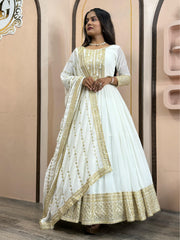 Gorgeous Georgette Sequence Work Long White Gown WIth Dupatta