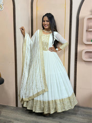 Gorgeous Georgette Sequence Work Long White Gown WIth Dupatta