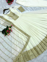 Gorgeous Georgette Sequence Work Long White Gown WIth Dupatta