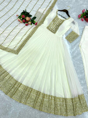 Gorgeous Georgette Sequence Work Long White Gown WIth Dupatta