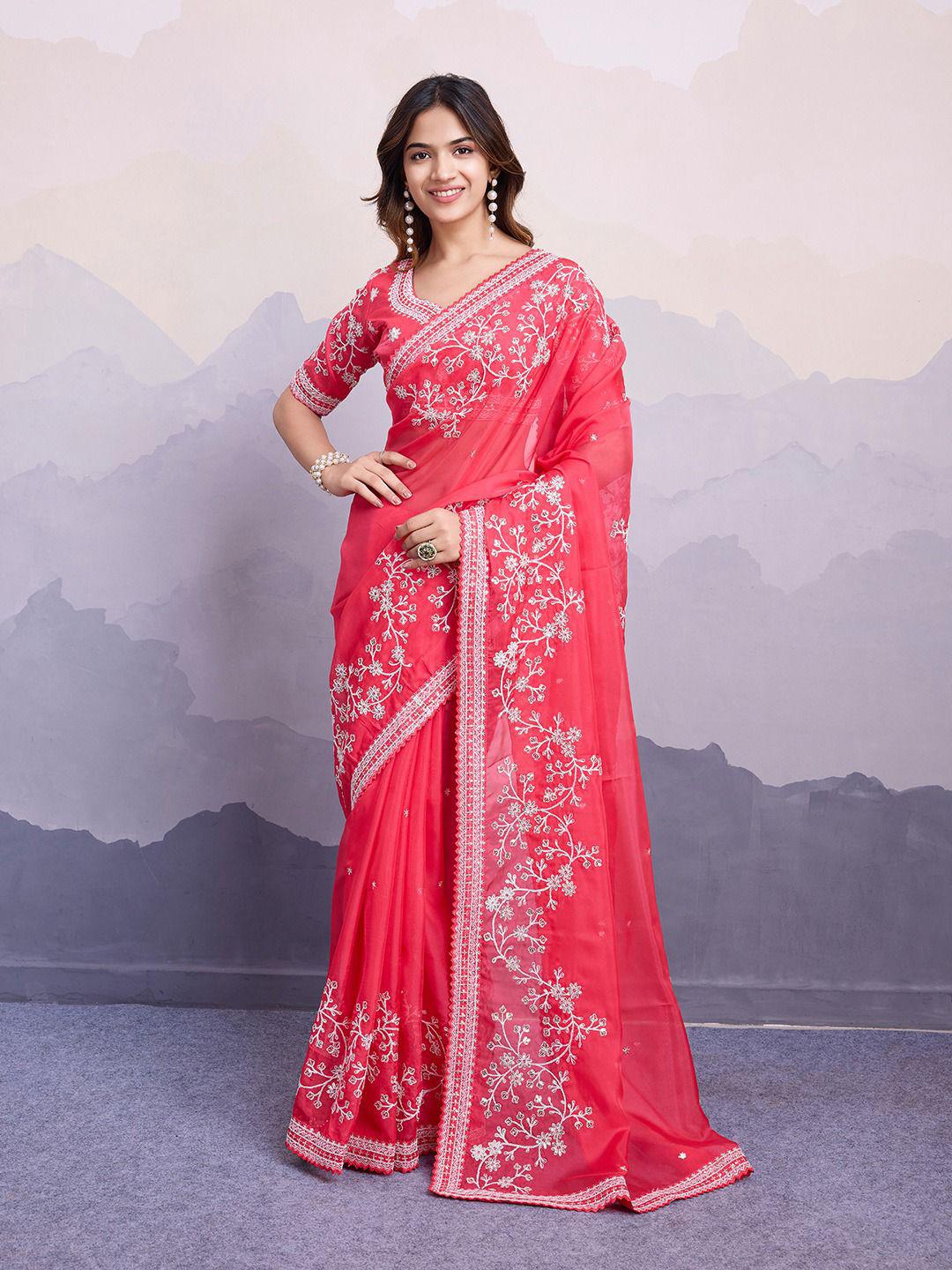 Trendy Organza Silk Embroidery Work Red Color Saree