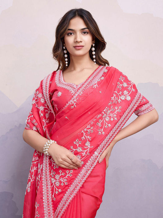 Trendy Organza Silk Embroidery Work Red Color Saree