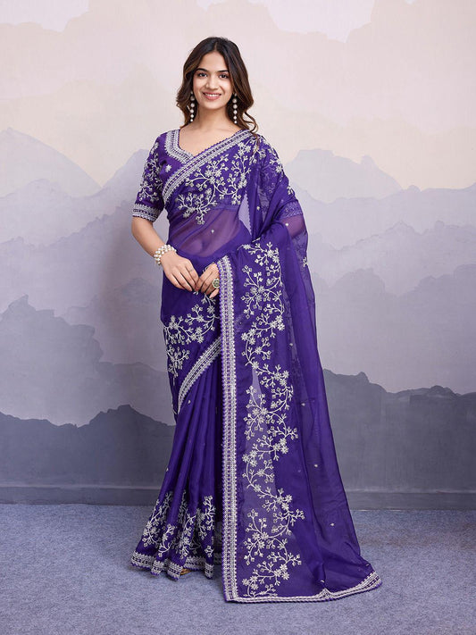 Trendy Organza Silk Embroidery Work Purple Color Saree