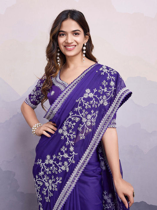 Trendy Organza Silk Embroidery Work Purple Color Saree