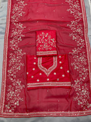 Trendy Organza Silk Embroidery Work Red Color Saree