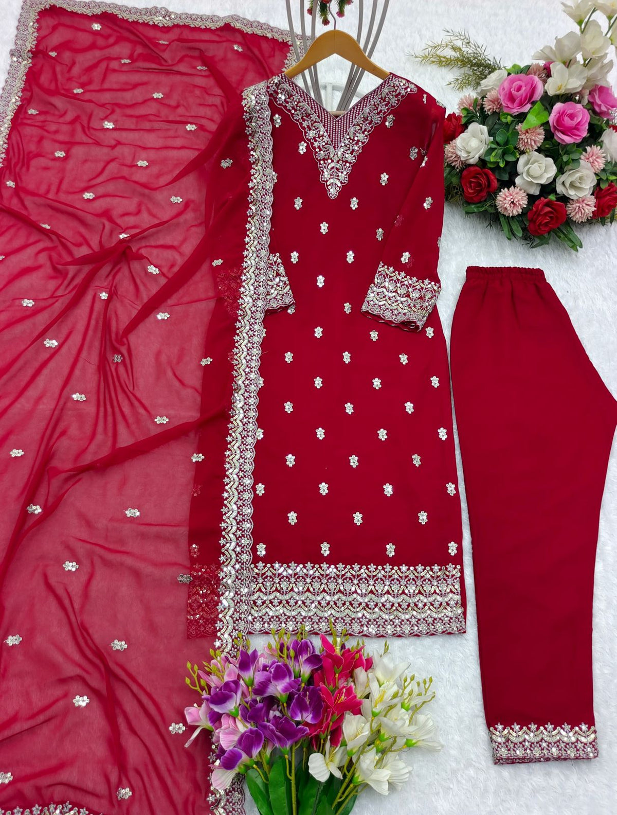 Classic Georgette Sequence Embroidery Work Red Salwar Suit