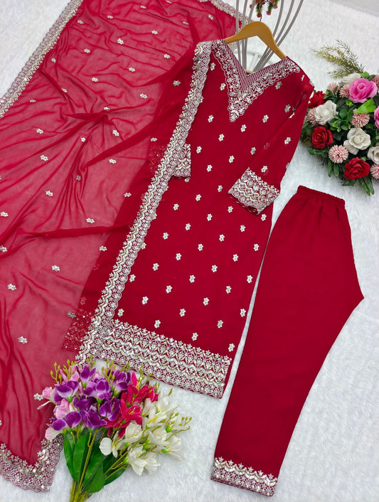 Classic Georgette Sequence Embroidery Work Red Salwar Suit