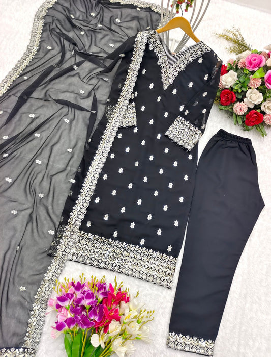 Classic Georgette Sequence Embroidery Work Black Salwar Suit