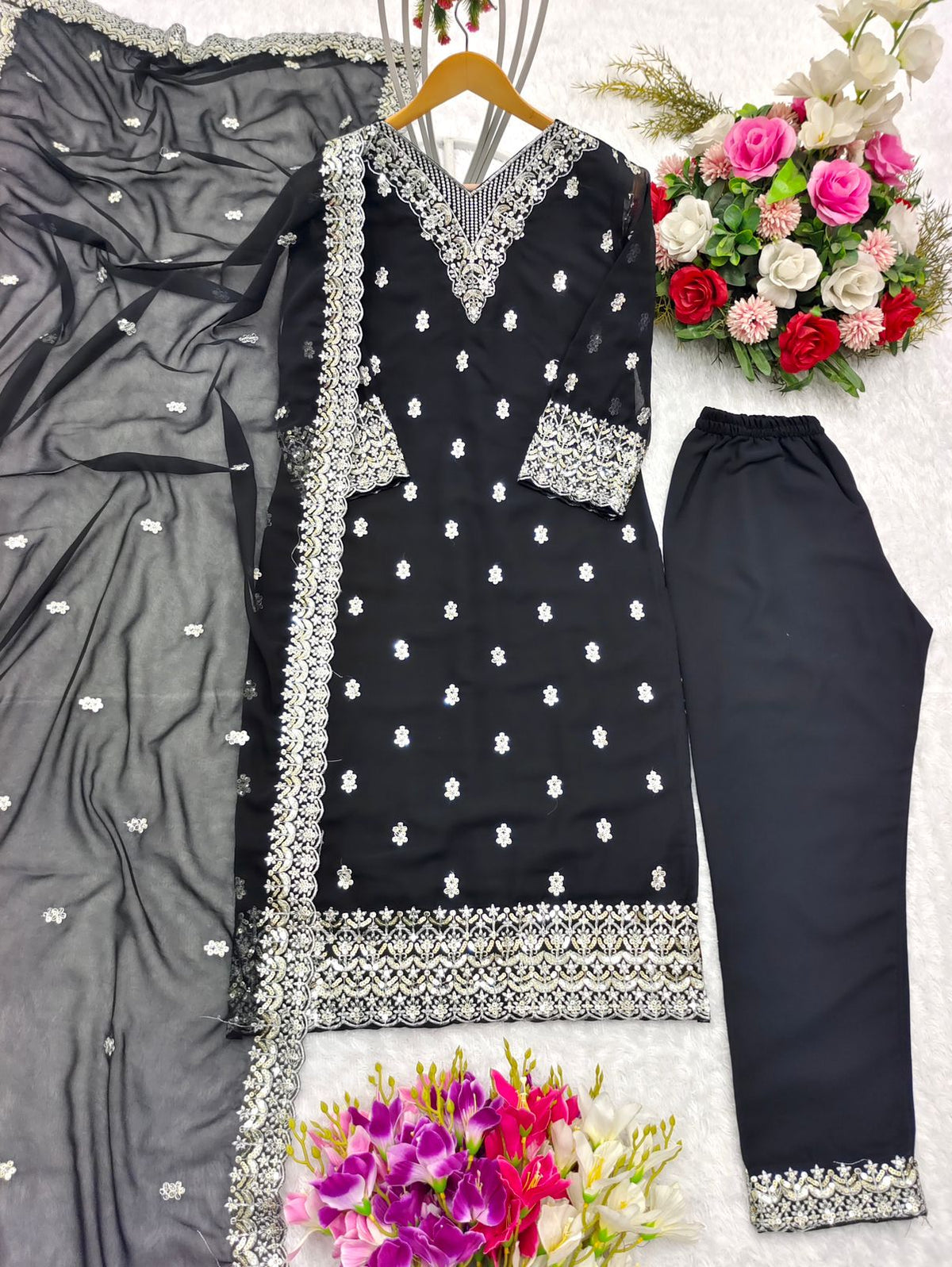 Classic Georgette Sequence Embroidery Work Black Salwar Suit