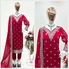 Classic Georgette Sequence Embroidery Work Red Salwar Suit