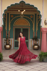 Rayon Maroon Color Printed Navratri Special Long Gown