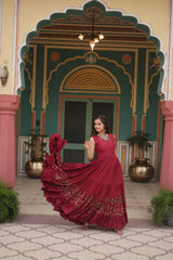 Rayon Maroon Color Printed Navratri Special Long Gown