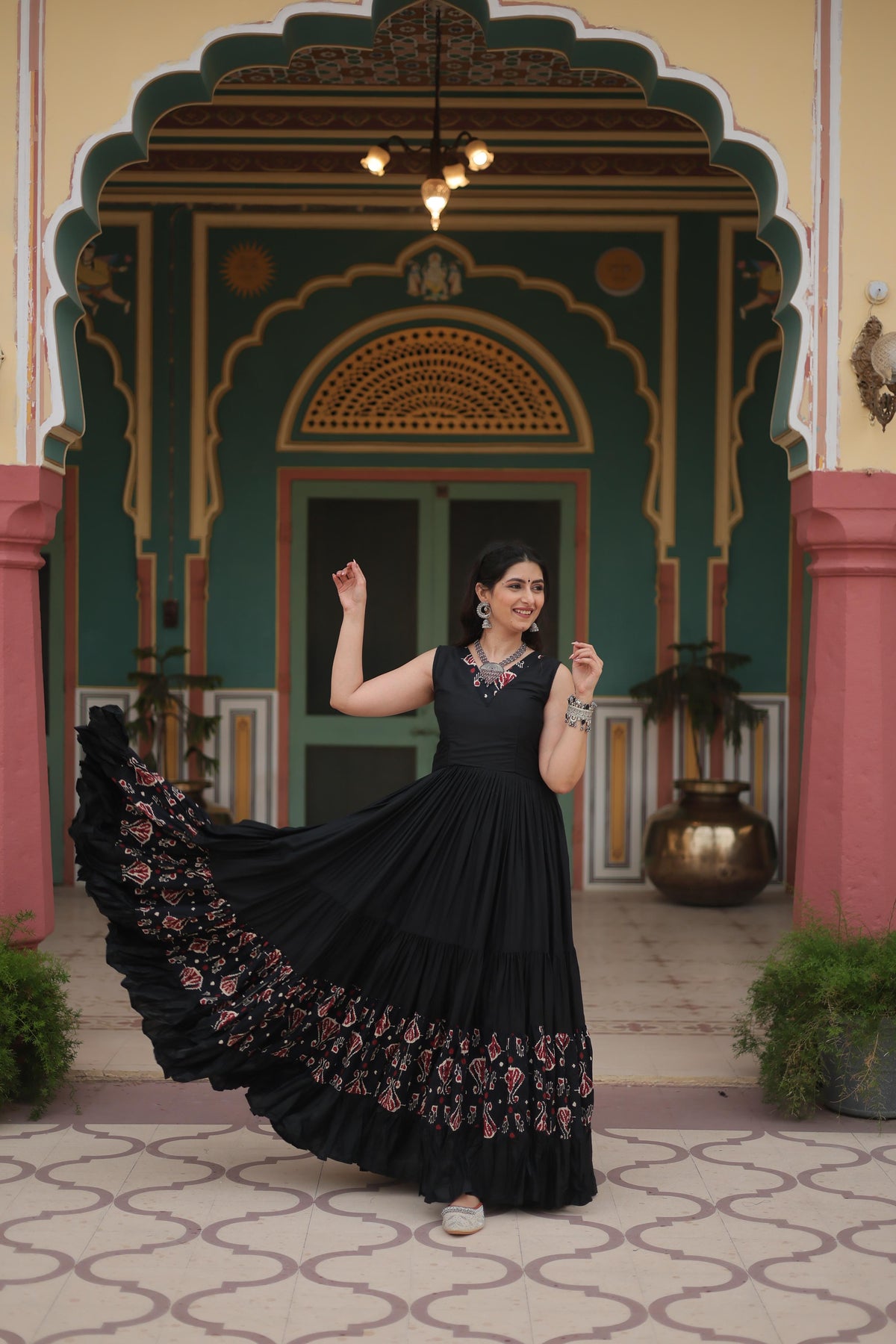 Rayon Black Color Printed Navratri Special Long Gown