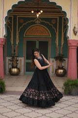 Rayon Black Color Printed Navratri Special Long Gown