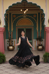 Rayon Black Color Printed Navratri Special Long Gown