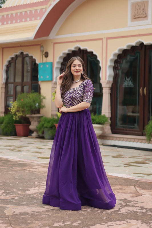 Elegant Purple Color Embroidery Sequence Work Gown