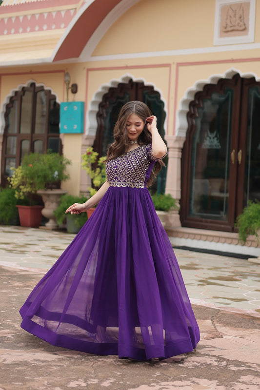 Elegant Purple Color Embroidery Sequence Work Gown