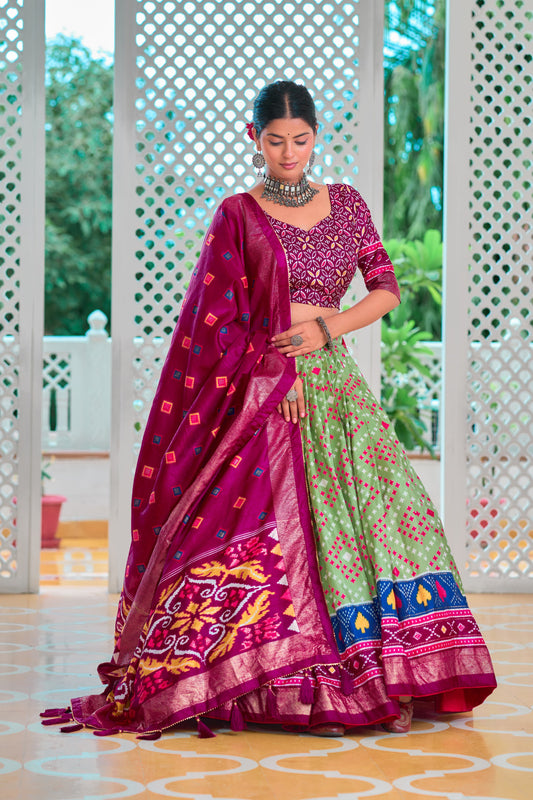 Charming Silk Minakari With Foil Print Green Color Lehenga Choli