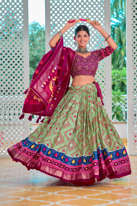 Charming Silk Minakari With Foil Print Green Color Lehenga Choli