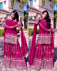 Delightful Pink Color Georgette Embroidery Work Sharara Suit