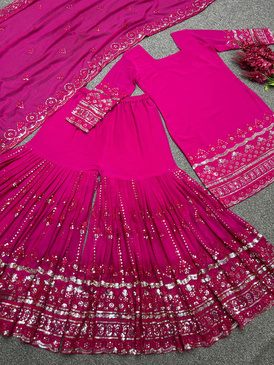 Delightful Pink Color Georgette Embroidery Work Sharara Suit