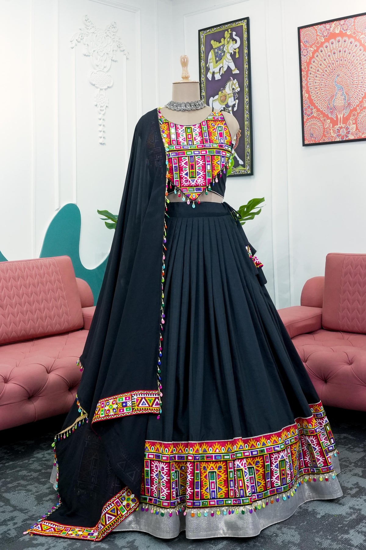 Glossy Black Color Mirror With Kodi Work Navratri Lehenga Choli