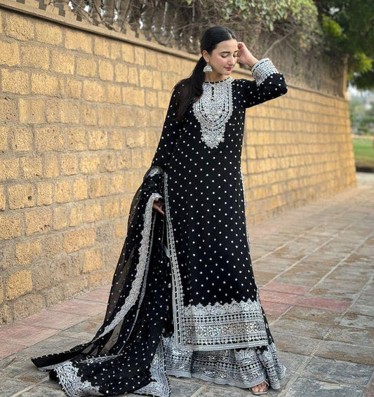 Awesome Embroidery Sequence Work Black Color Sharara Suit