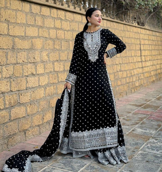 Awesome Embroidery Sequence Work Black Color Sharara Suit