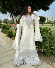 Awesome Embroidery Sequence Work White Color Sharara Suit