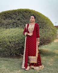 Awesome Embroidery Sequence Work Red Color Sharara Suit