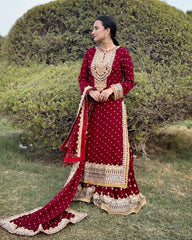 Awesome Embroidery Sequence Work Red Color Sharara Suit