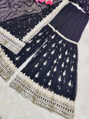 Awesome Embroidery Sequence Work Black Color Sharara Suit