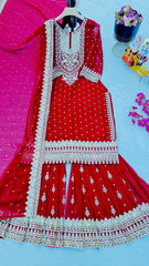 Awesome Embroidery Sequence Work Red Color Sharara Suit