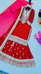 Awesome Embroidery Sequence Work Red Color Sharara Suit