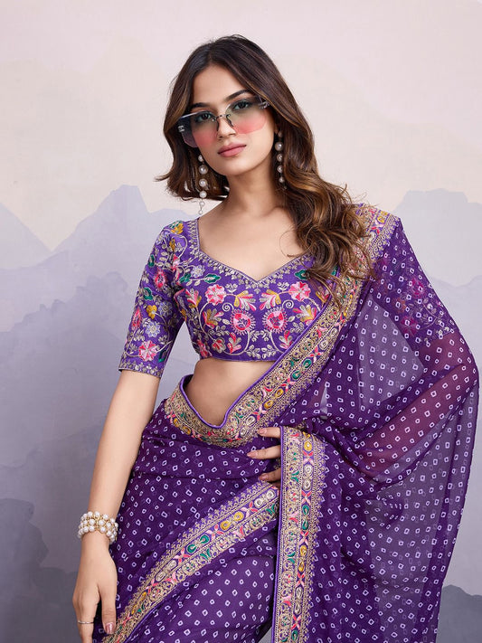 Classic Purple Color Embroidery Work Saree