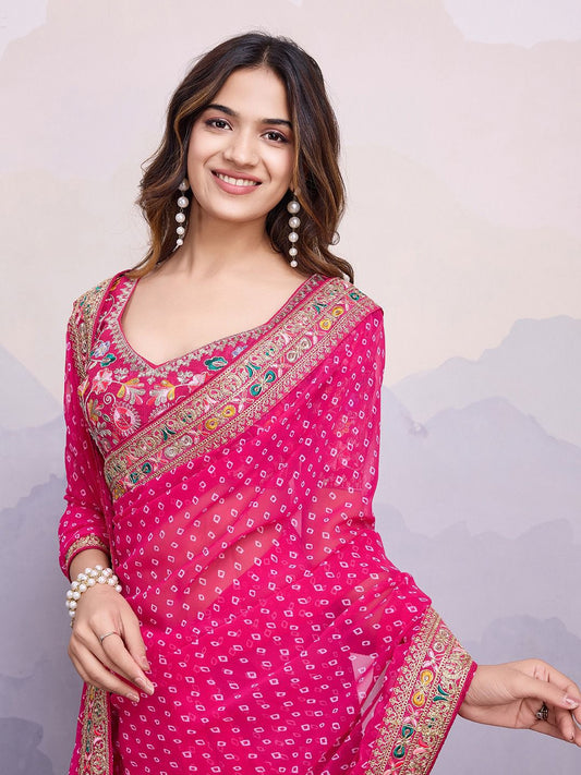 Classic Pink Color Embroidery Work Saree