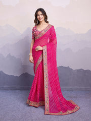 Classic Pink Color Embroidery Work Saree