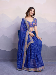 Classic Blue Color Embroidery Work Saree