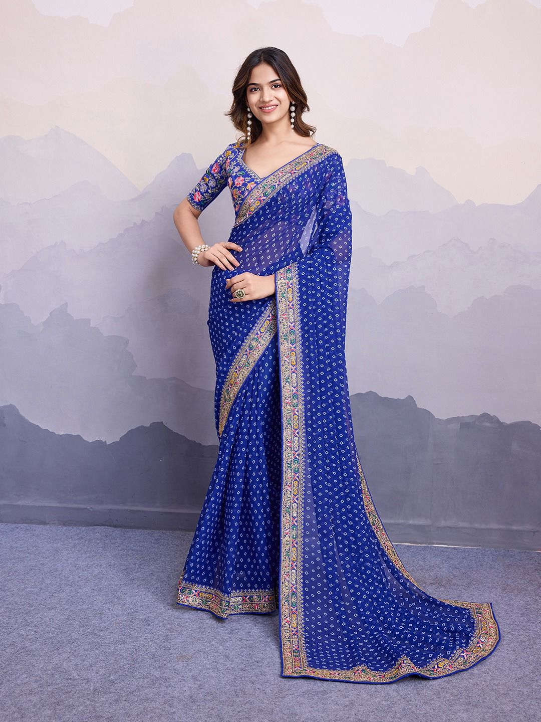 Classic Blue Color Embroidery Work Saree