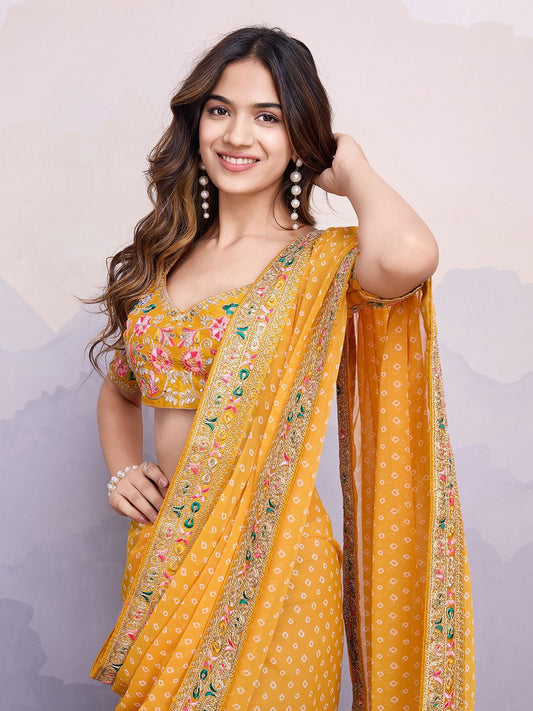 Classic Yellow Color Embroidery Work Saree