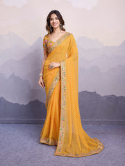 Classic Yellow Color Embroidery Work Saree