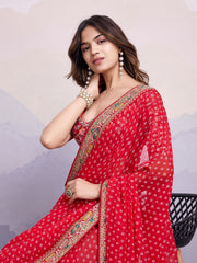 Classic Red Color Embroidery Work Saree