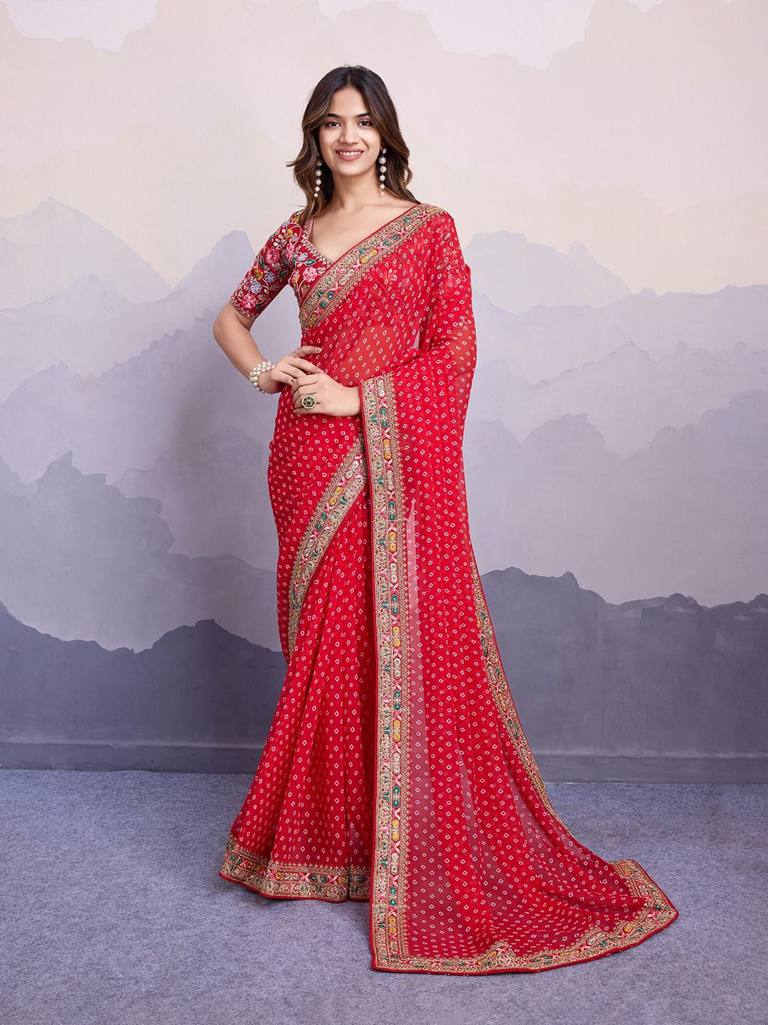 Classic Red Color Embroidery Work Saree